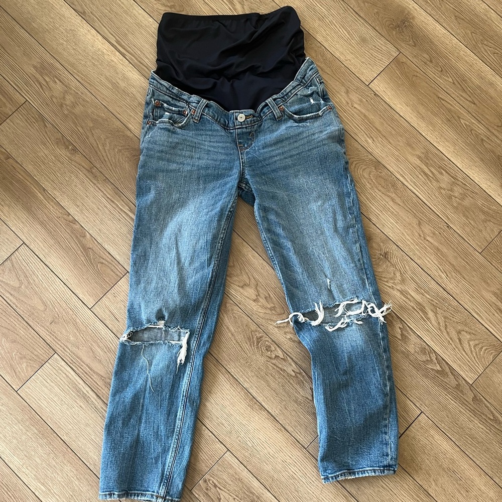 Abercrombie & Fitch Distressed Blue Denim Maternity Jeans with Full Belly Panel